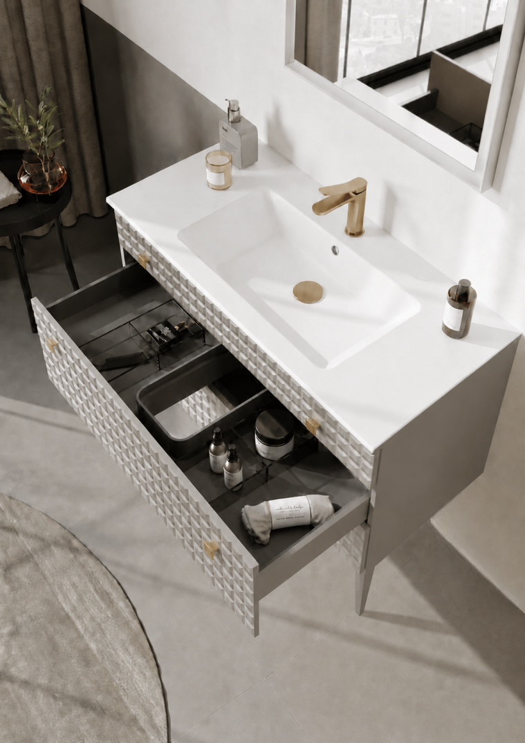 Orka Lipari Ayaklı Banyo Dolabı Takımı, 100 cm, Mat Vizon Lake (Altın Kulp-Ledli Ayna), 5007343 - 5