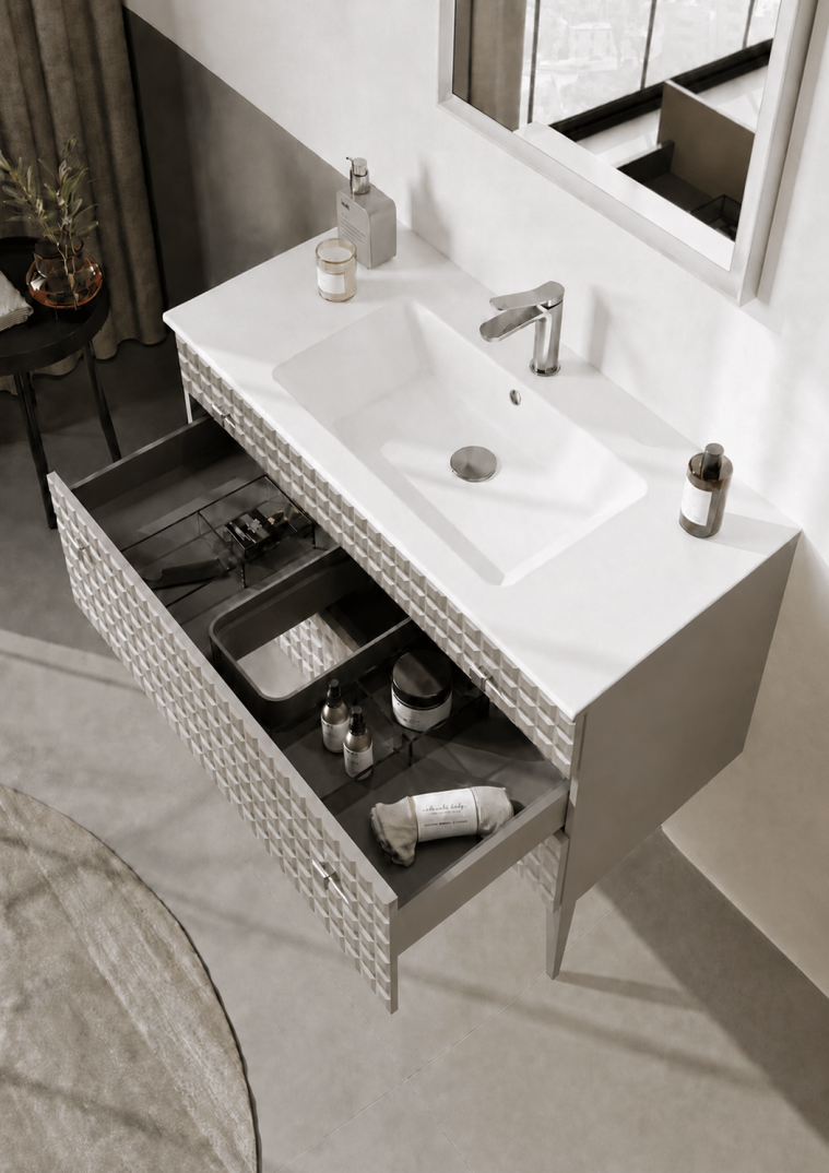 Orka Lipari Ayaklı Banyo Dolabı Takımı, 100 cm, Mat Vizon Lake (Krom Kulp-Ledli Ayna), 5007346 - 5