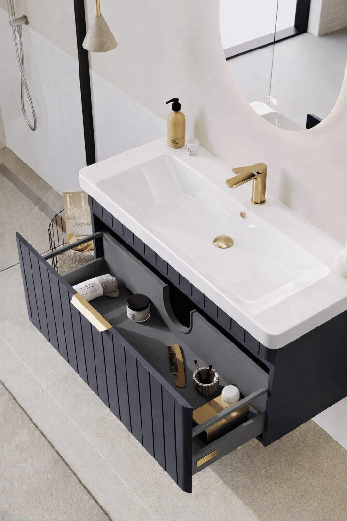 Orka Procıda 105 cm Mat Antrasit / Altın Kulplu ,Banyo Dolabı Alt Modül ve Lavabo, 5007218 - 6