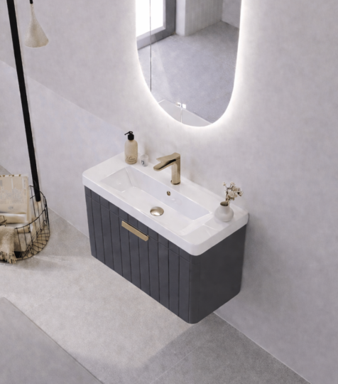 Orka Procıda 60 cm Mat Antrasit / Altın Kulplu ,Banyo Dolabı Alt Modül ve Lavabo, 5007202 - 4