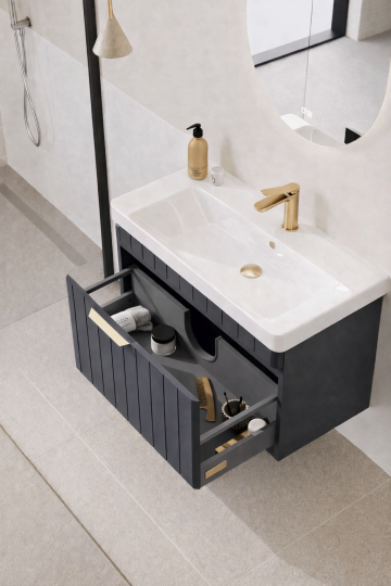 Orka Procıda 60 cm Mat Antrasit / Altın Kulplu ,Banyo Dolabı Alt Modül ve Lavabo, 5007202 - 5