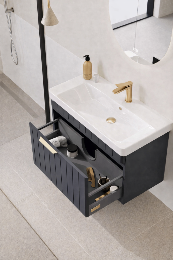 Orka Procıda 60 cm Mat Antrasit / Altın Kulplu ,Banyo Dolabı Alt Modül ve Lavabo, 5007202 - 5