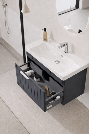 Orka Procıda 60 cm Mat Antrasit / Krom Kulplu ,Banyo Dolabı Alt Modül ve Lavabo, 5007206 - 5
