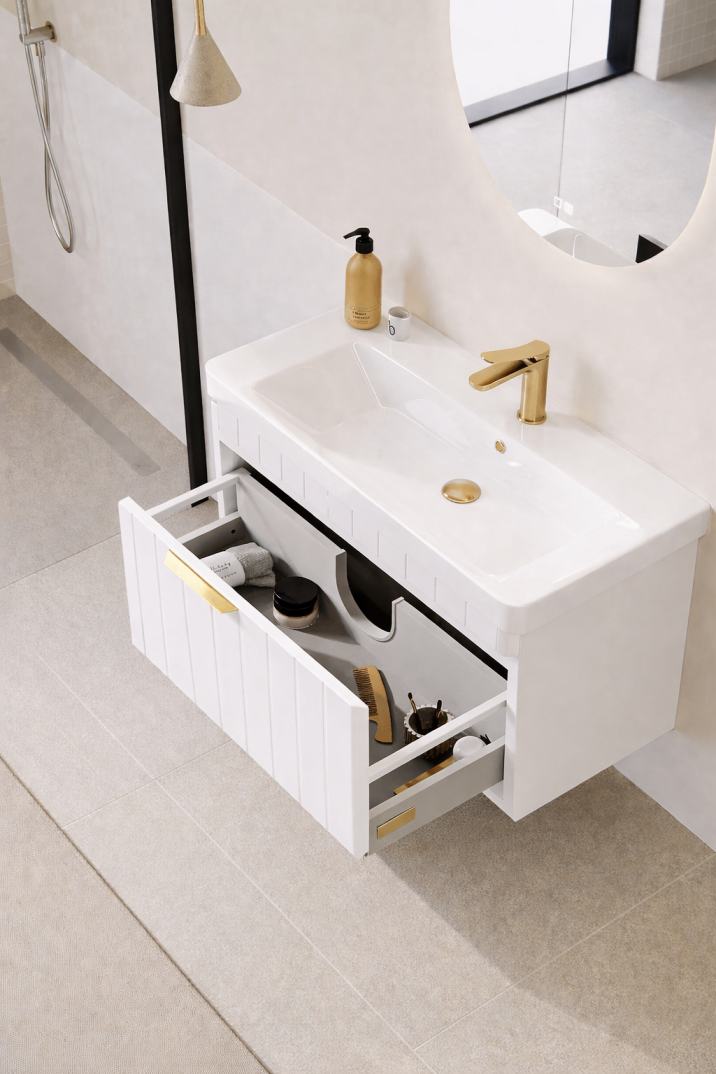 Orka Procıda 60 cm Mat Beyaz / Altın Kulplu ,Banyo Dolabı Alt Modül ve Lavabo, 5007201 - 5