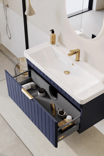 Orka Procıda 80 cm Mat Lacivert / Altın Kulplu ,Banyo Dolabı Alt Modül ve Lavabo, 5007212 - 6