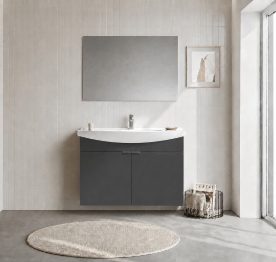 Orka Purus 100 cm ,Mat Antrasit, Banyo Dolabı Takımı (Asma,Düz Ayna), 5008329