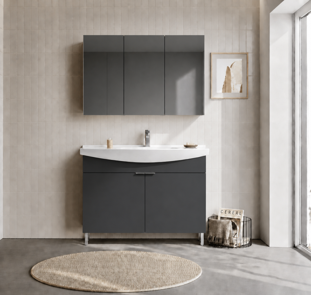 Orka Purus 100 cm ,Mat Antrasit, Banyo Dolabı Takımı (Ayaklı,Dolaplı Ayna), 5008487 - 2