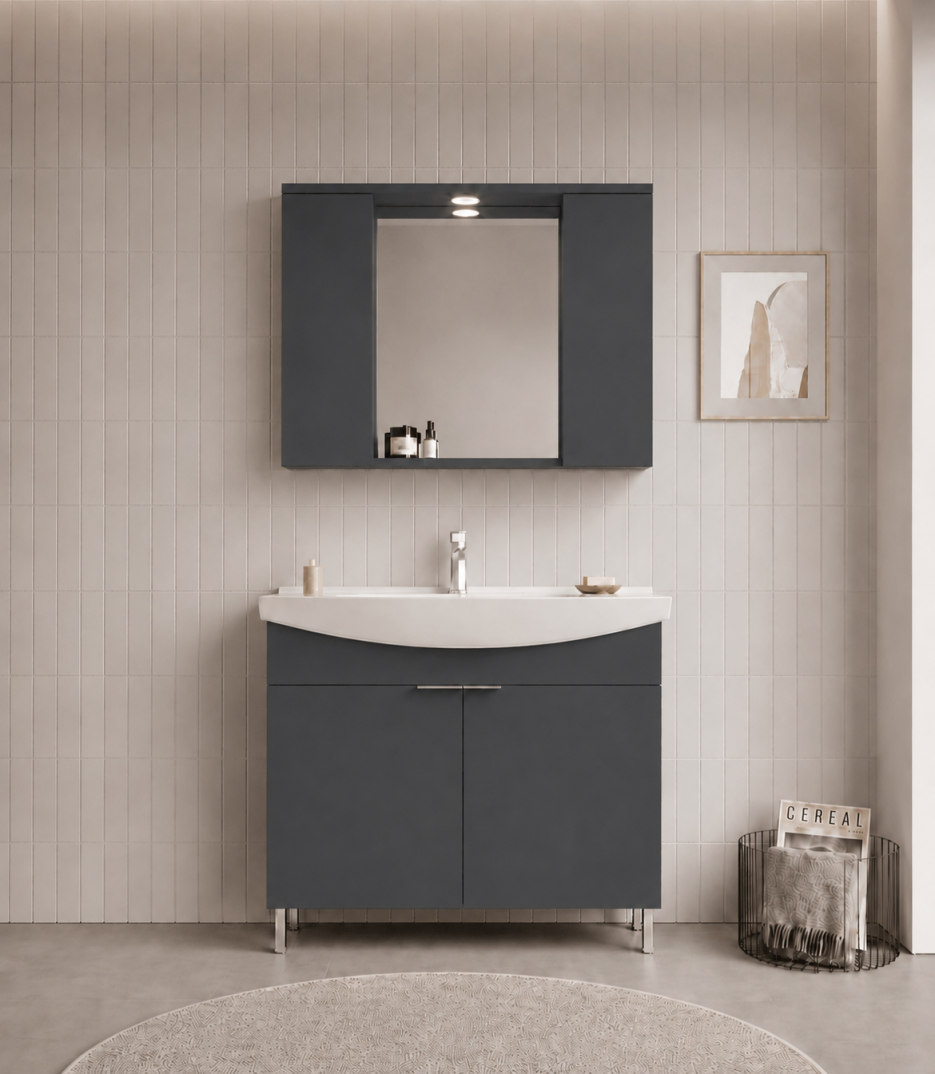 Orka Purus 100 cm ,Mat Antrasit, Banyo Dolabı Takımı (Ayaklı,Spotlu Ayna), 5008443 - 1