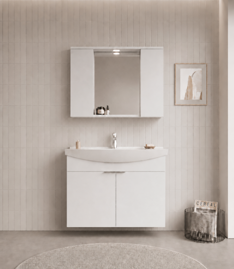Orka Purus 100 cm ,Parlak Beyaz, Banyo Dolabı Takımı (Asma,Spotlu Ayna), 5007974 