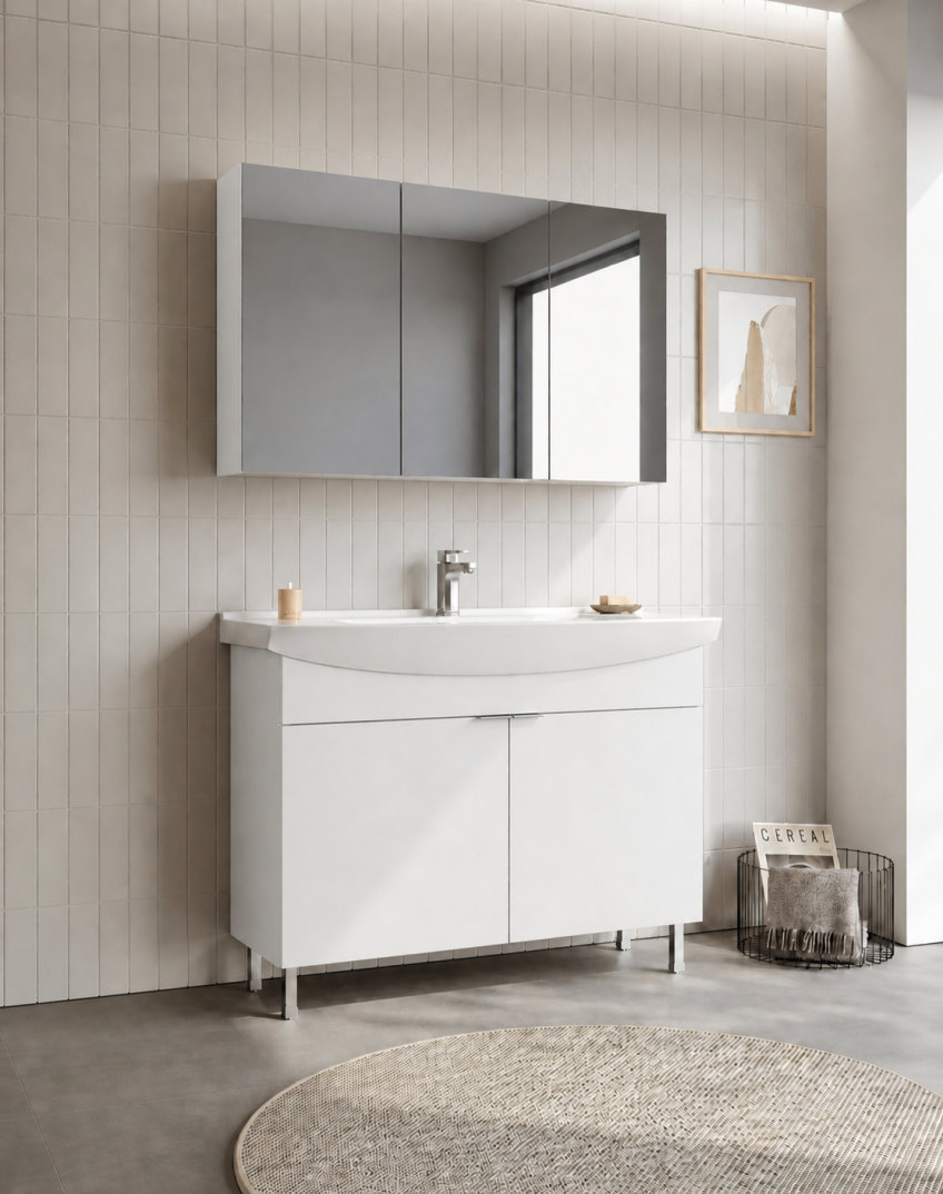 Orka Purus 100 cm ,Parlak Beyaz, Banyo Dolabı Takımı (Ayaklı,Dolaplı Ayna), 5008488 - 3