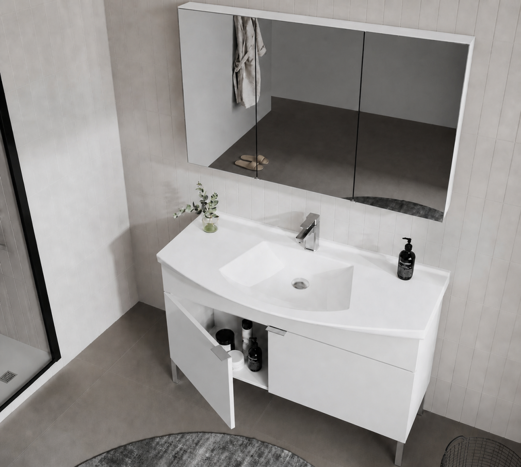Orka Purus 100 cm ,Parlak Beyaz, Banyo Dolabı Takımı (Ayaklı,Dolaplı Ayna), 5008488 - 5