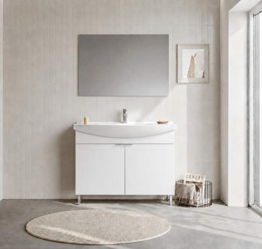 Orka Purus 100 cm ,Parlak Beyaz, Banyo Dolabı Takımı (Ayaklı,Düz Ayna), 5008476