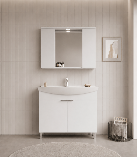 Orka Purus 100 cm ,Parlak Beyaz, Banyo Dolabı Takımı (Ayaklı,Spotlu Ayna), 5007965