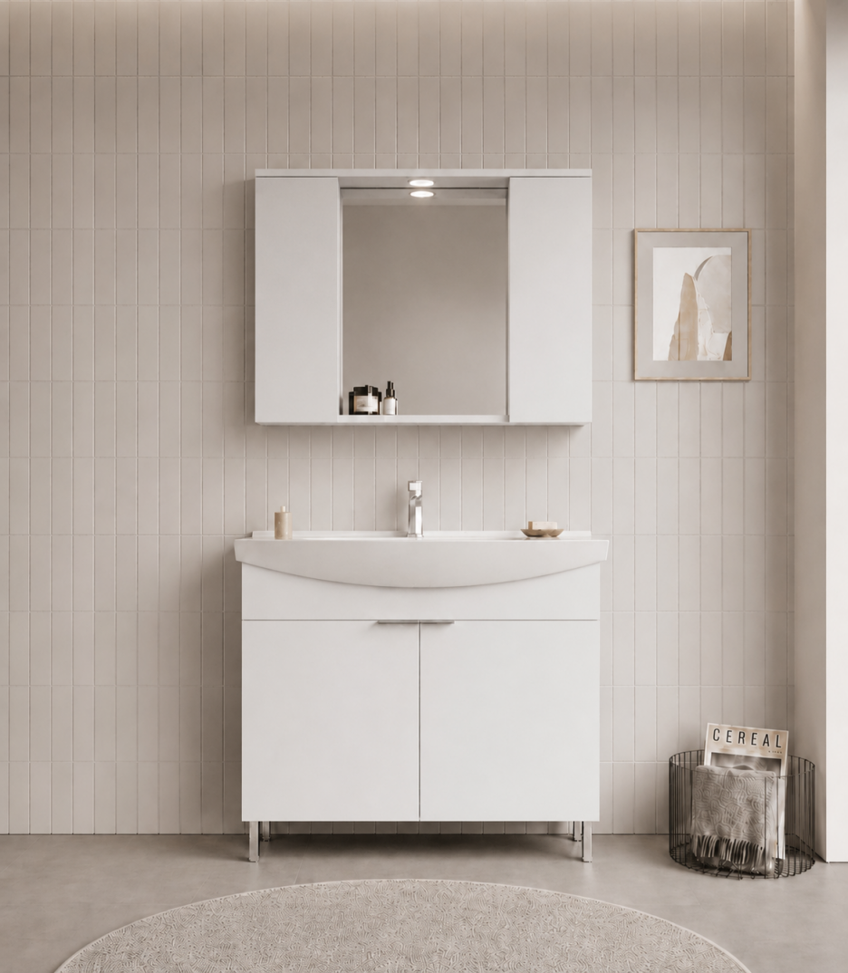 Orka Purus 100 cm ,Parlak Beyaz, Banyo Dolabı Takımı (Ayaklı,Spotlu Ayna), 5007965 - 2