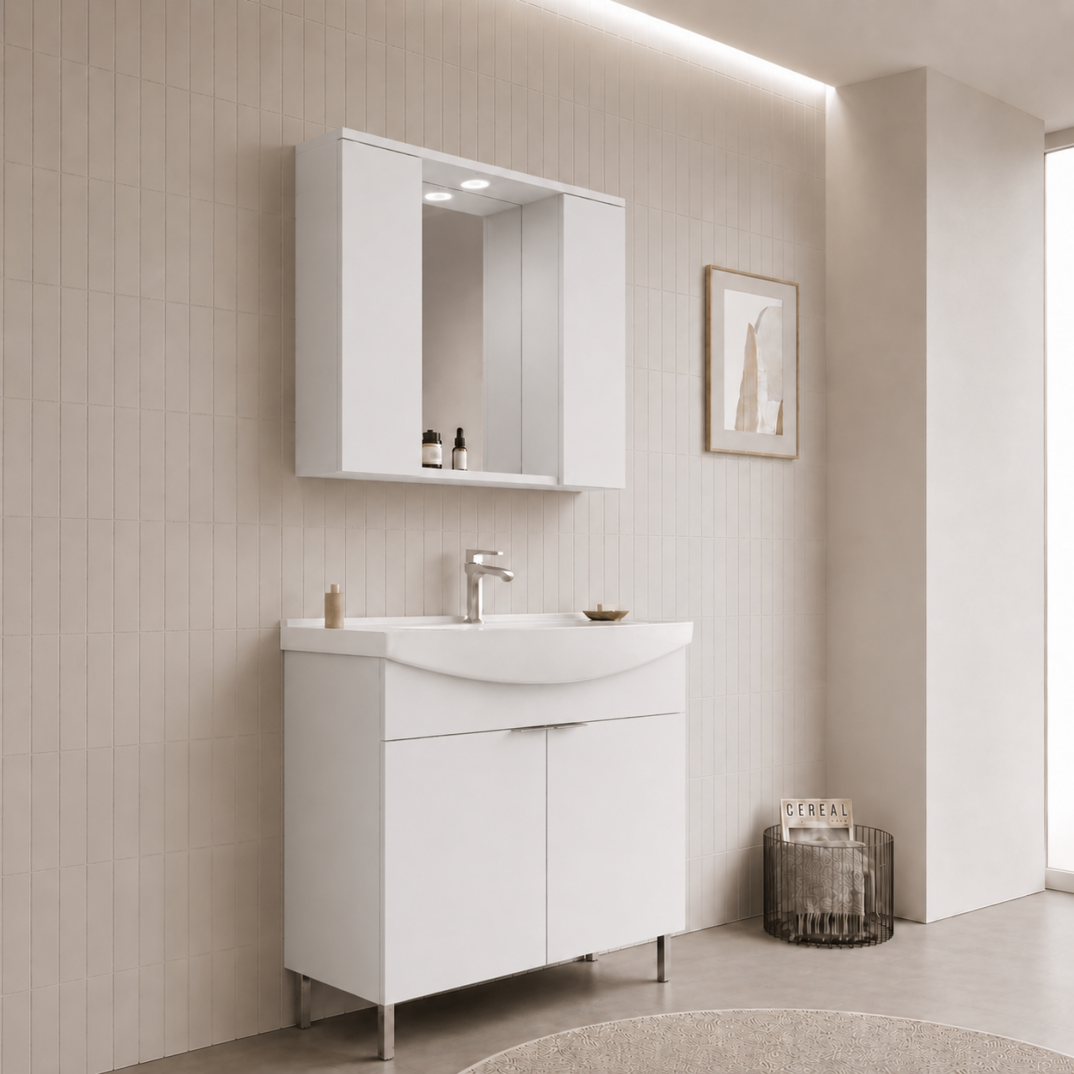 Orka Purus 100 cm ,Parlak Beyaz, Banyo Dolabı Takımı (Ayaklı,Spotlu Ayna), 5007965 - 3