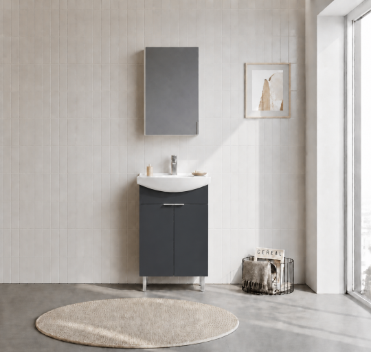 Orka Purus 55 cm ,Mat Antrasit, Banyo Dolabı Takımı (Ayaklı,Dolaplı Ayna), 5008478 