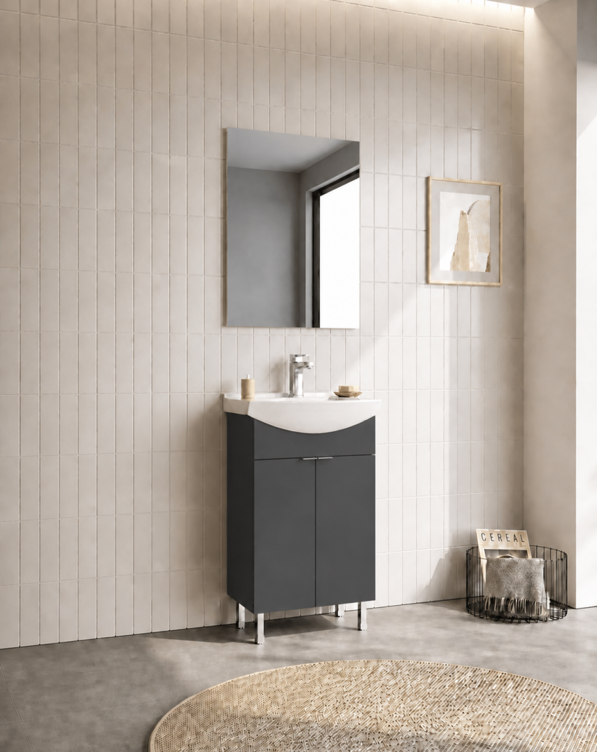 Orka Purus 55 cm ,Mat Antrasit, Banyo Dolabı Takımı (Ayaklı,Düz Ayna), 5008466 - 3