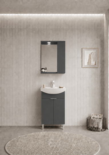 Orka Purus 55 cm ,Mat Antrasit, Banyo Dolabı Takımı (Ayaklı,Spotlu Ayna), 5008436 