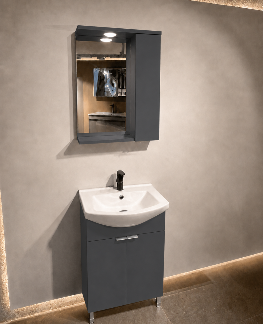 Orka Purus 55 cm ,Mat Antrasit, Banyo Dolabı Takımı (Ayaklı,Spotlu Ayna), 5008436 - 4