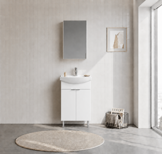 Orka Purus 55 cm ,Parlak Beyaz, Banyo Dolabı Takımı (Ayaklı,Dolaplı Ayna), 5008479