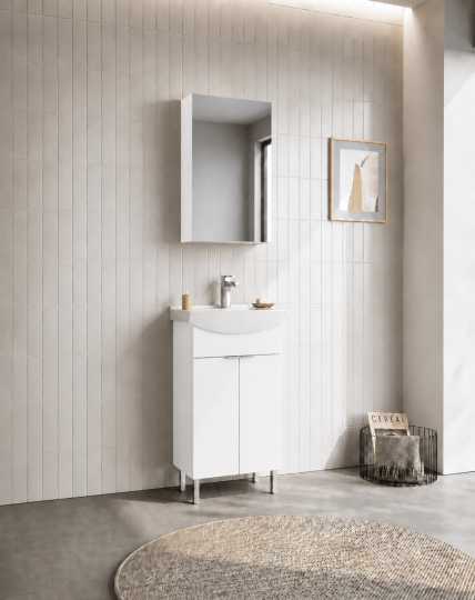 Orka Purus 55 cm ,Parlak Beyaz, Banyo Dolabı Takımı (Ayaklı,Dolaplı Ayna), 5008479 - 3