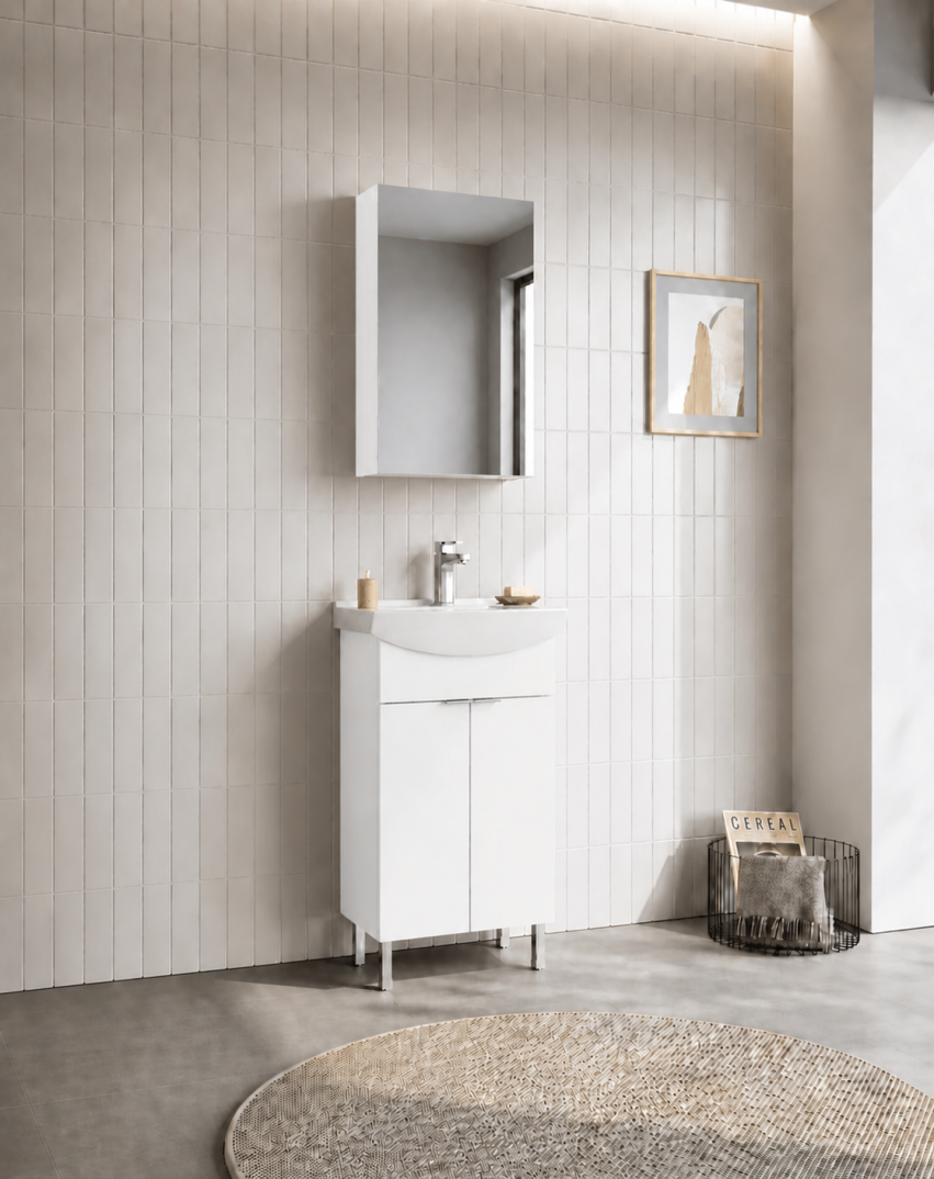 Orka Purus 55 cm ,Parlak Beyaz, Banyo Dolabı Takımı (Ayaklı,Dolaplı Ayna), 5008479 - 3