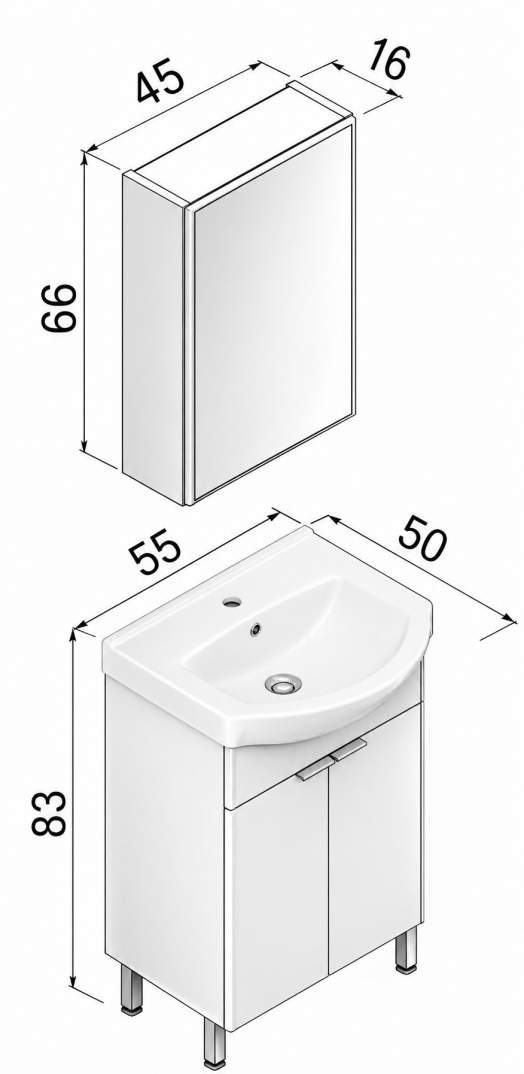 Orka Purus 55 cm ,Parlak Beyaz, Banyo Dolabı Takımı (Ayaklı,Dolaplı Ayna), 5008479 - 6