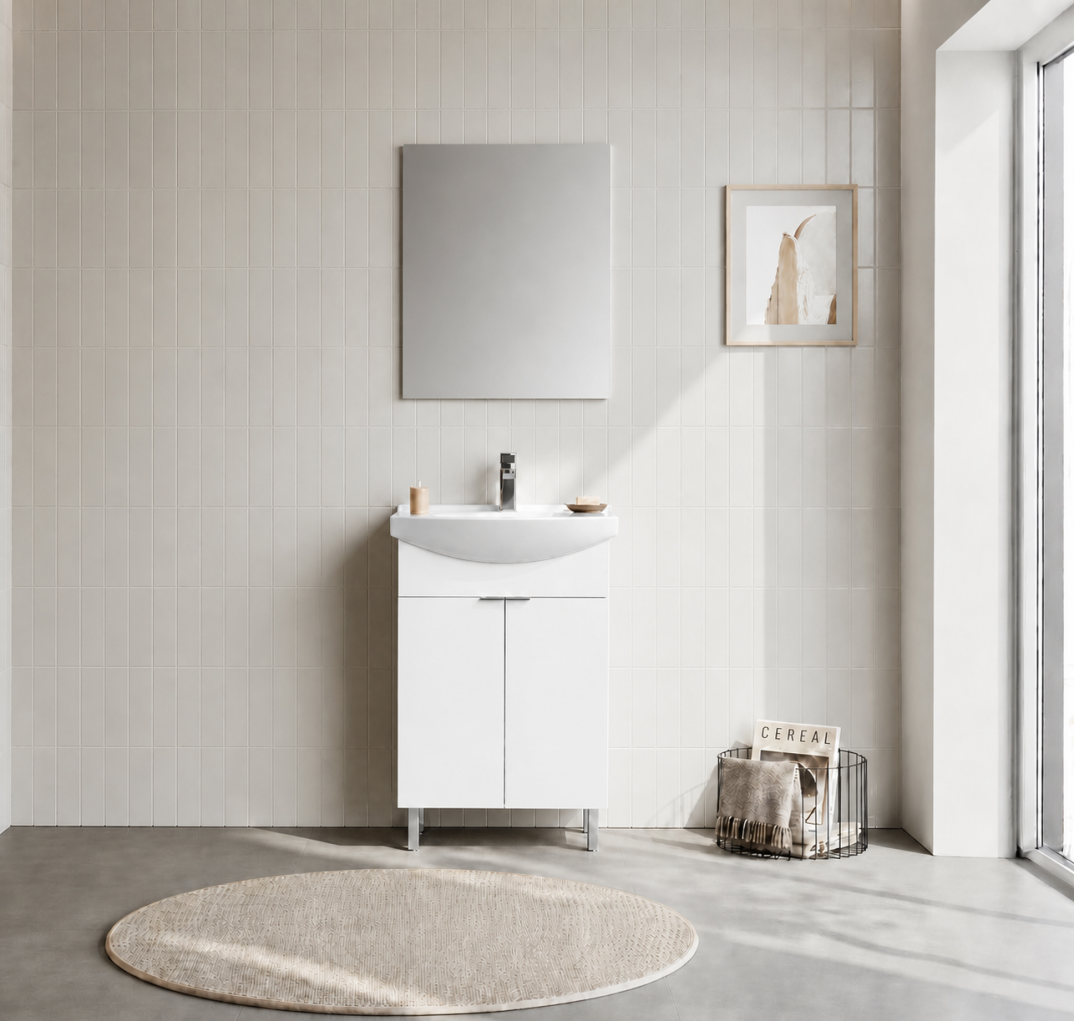 Orka Purus 55 cm ,Parlak Beyaz, Banyo Dolabı Takımı (Ayaklı,Düz Ayna), 5008467 - 1