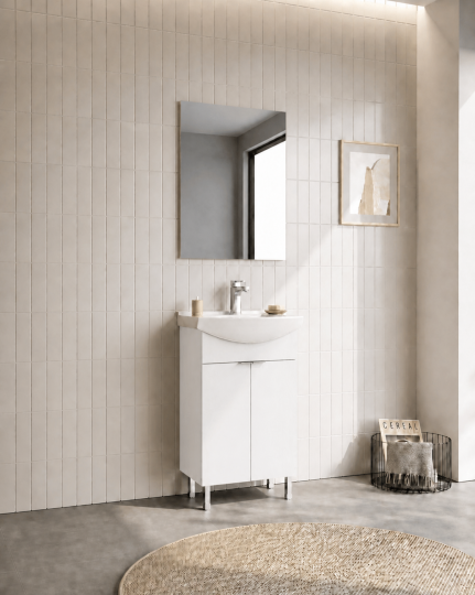Orka Purus 55 cm ,Parlak Beyaz, Banyo Dolabı Takımı (Ayaklı,Düz Ayna), 5008467 - 3