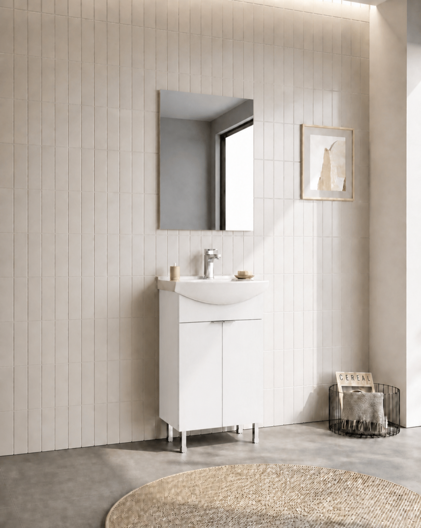 Orka Purus 55 cm ,Parlak Beyaz, Banyo Dolabı Takımı (Ayaklı,Düz Ayna), 5008467 - 3