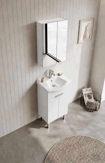 Orka Purus 55 cm ,Parlak Beyaz, Banyo Dolabı Takımı (Ayaklı,Düz Ayna), 5008467 - 4