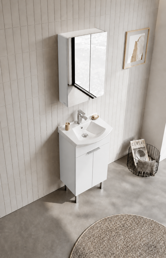 Orka Purus 55 cm ,Parlak Beyaz, Banyo Dolabı Takımı (Ayaklı,Düz Ayna), 5008467 - 4