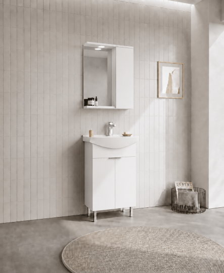 Orka Purus 55 cm ,Parlak Beyaz, Banyo Dolabı Takımı (Ayaklı,Spotlu Ayna), 5008437 - 3