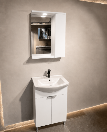 Orka Purus 55 cm ,Parlak Beyaz, Banyo Dolabı Takımı (Ayaklı,Spotlu Ayna), 5008437 - 5