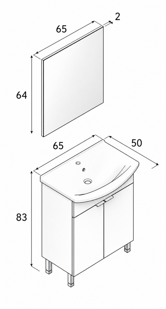 Orka Purus 65 cm ,Budva, Banyo Dolabı Takımı (Ayaklı,Düz Ayna), 5008468 - 6