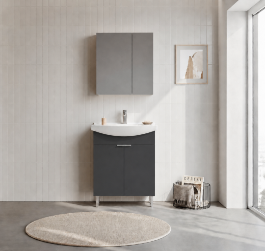 Orka Purus 65 cm ,Mat Antrasit, Banyo Dolabı Takımı (Ayaklı,Dolaplı Ayna), 5008481 