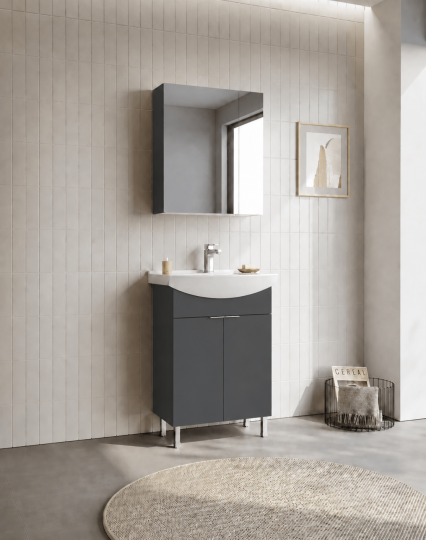 Orka Purus 65 cm ,Mat Antrasit, Banyo Dolabı Takımı (Ayaklı,Dolaplı Ayna), 5008481 - 3