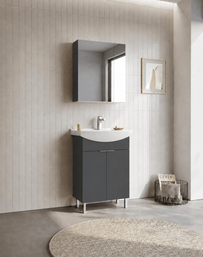 Orka Purus 65 cm ,Mat Antrasit, Banyo Dolabı Takımı (Ayaklı,Dolaplı Ayna), 5008481 - 3