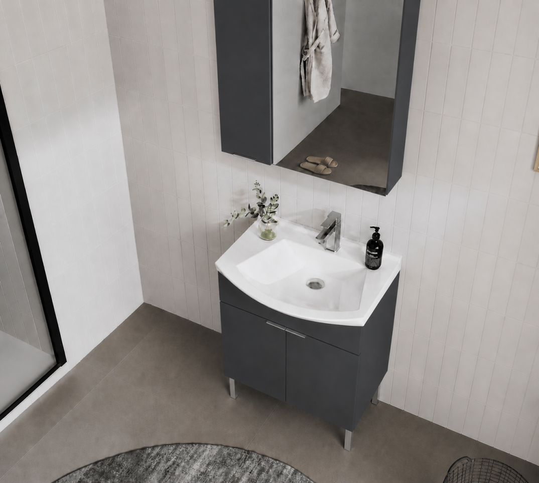 Orka Purus 65 cm ,Mat Antrasit, Banyo Dolabı Takımı (Ayaklı,Dolaplı Ayna), 5008481 - 5