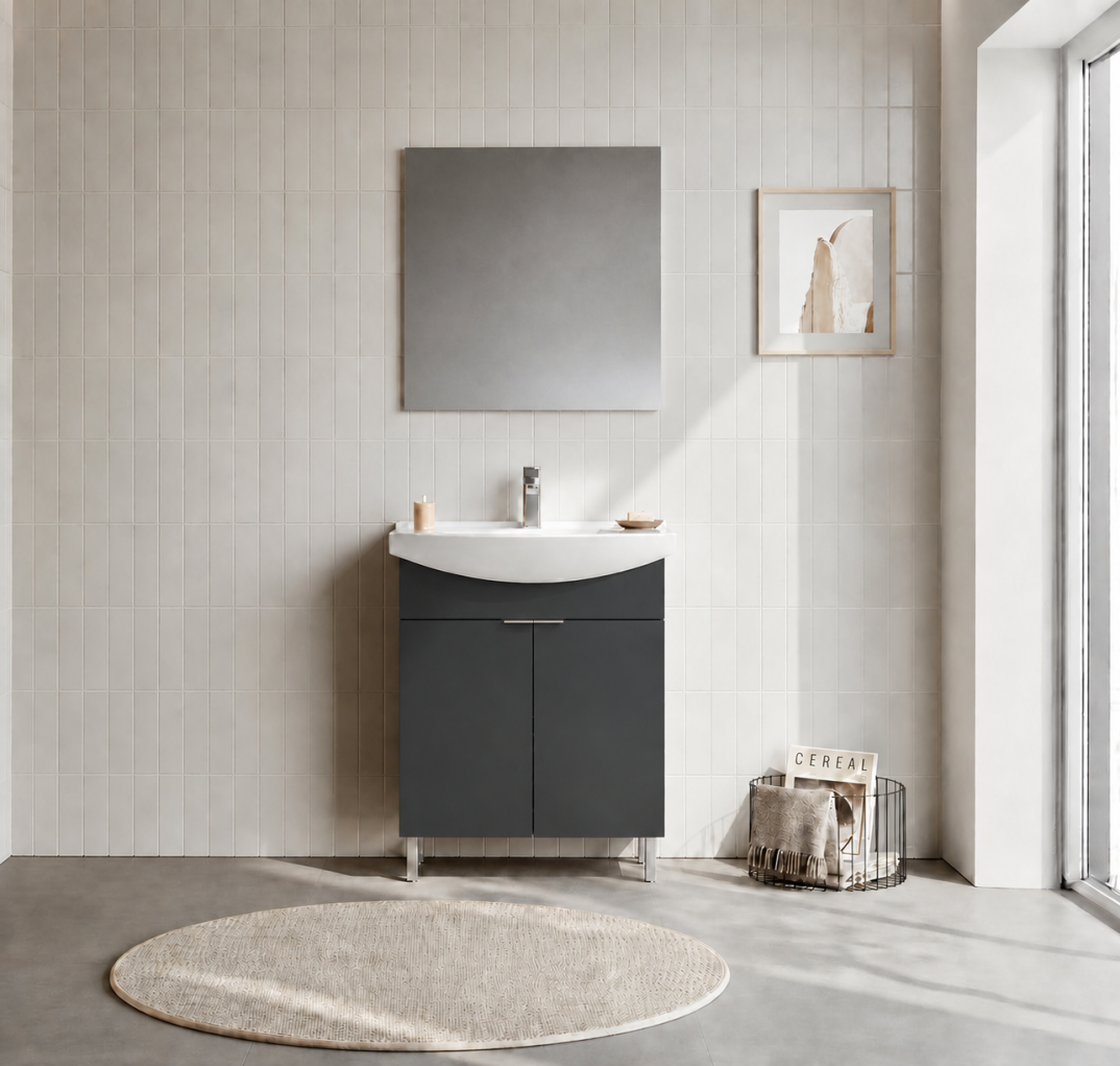 Orka Purus 65 cm ,Mat Antrasit, Banyo Dolabı Takımı (Ayaklı,Düz Ayna), 5008469 - 1