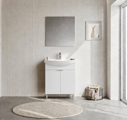 Orka Purus 65 cm ,Parlak Beyaz, Banyo Dolabı Takımı (Ayaklı,Düz Ayna), 5008470 