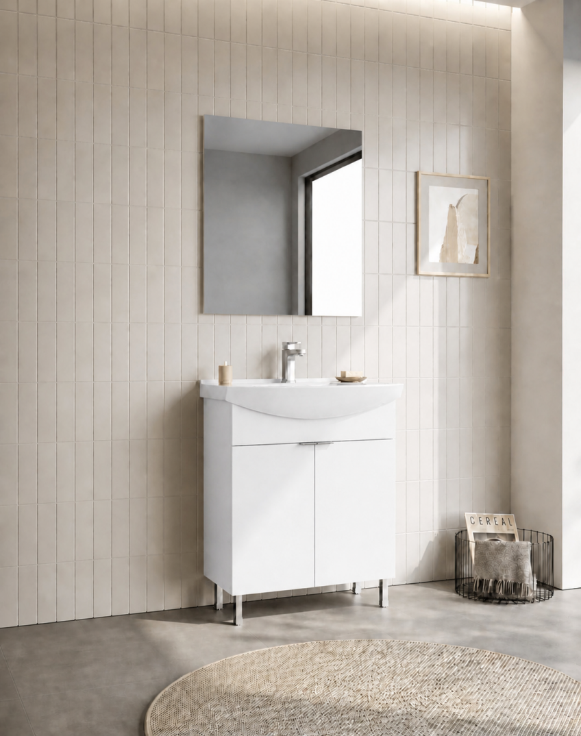 Orka Purus 65 cm ,Parlak Beyaz, Banyo Dolabı Takımı (Ayaklı,Düz Ayna), 5008470 - 3