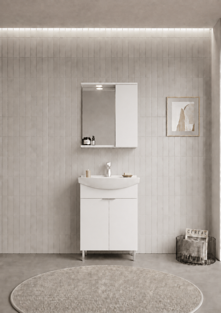 Orka Purus 65 cm ,Parlak Beyaz, Banyo Dolabı Takımı (Ayaklı,Spotlu Ayna), 5007963 - 2