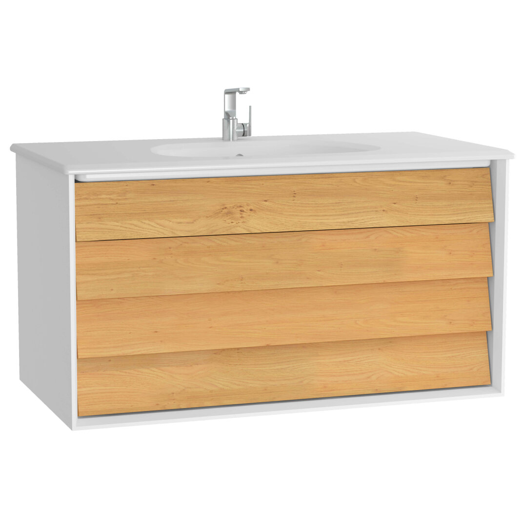 VitrA Frame Çift Çekmeceli Lavabo Dolabı, 100 cm, Mat Beyaz-Dore Meşe (5708 Beyaz Lavabo Dahil),61232 - 1