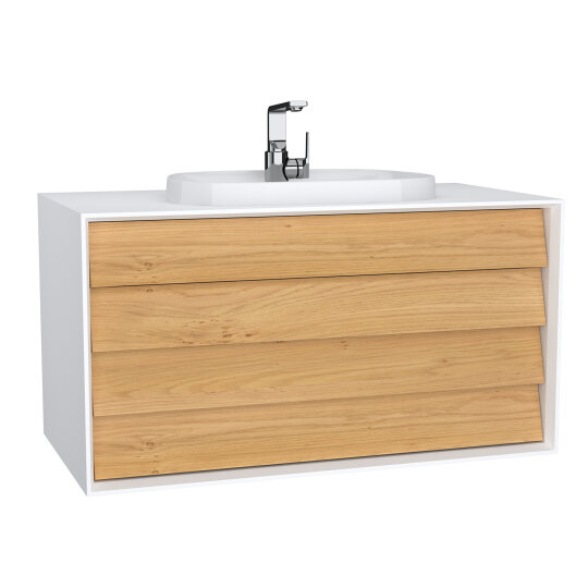 VitrA Frame Lavabo Dolabı, 100 cm, Çift Çekmeceli, Tezgahüstü Tv-Shape Lavabolu, Armatür Delikli, Mat Beyaz,62298 - 2