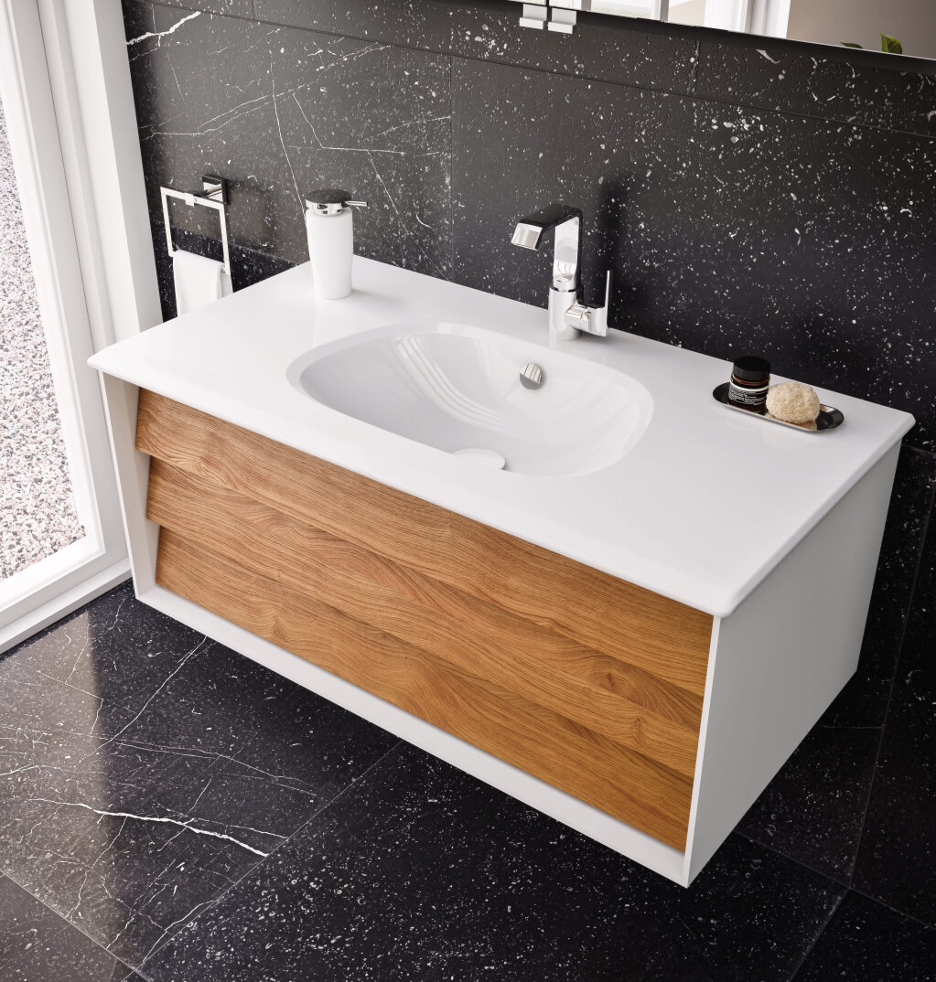 VitrA Frame Lavabo Dolabı, 100 cm, Lavabolu, Mat Beyaz-Dore Meşe (5709 Beyaz Lavabo Dahil),61224 - 3