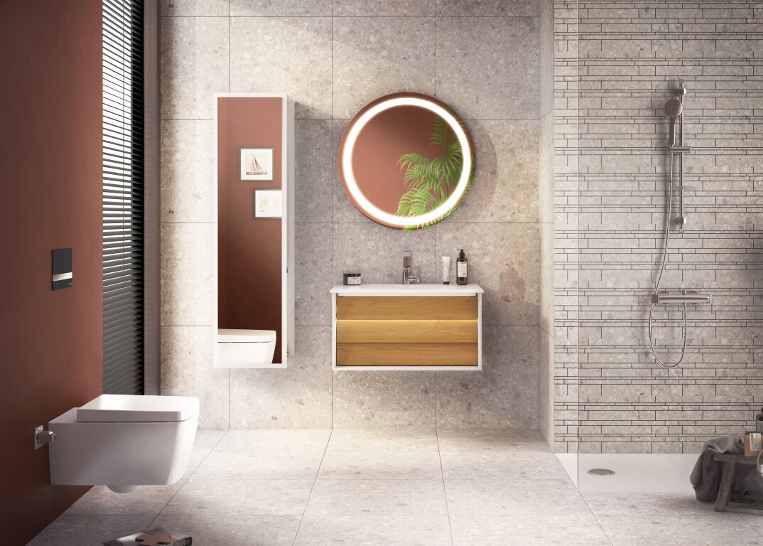 VitrA Frame Lavabo Dolabı, 80 cm, Lavabolu, Mat Beyaz-Dore Meşe (5708 Beyaz Lavabo Dahil),61220 - 5
