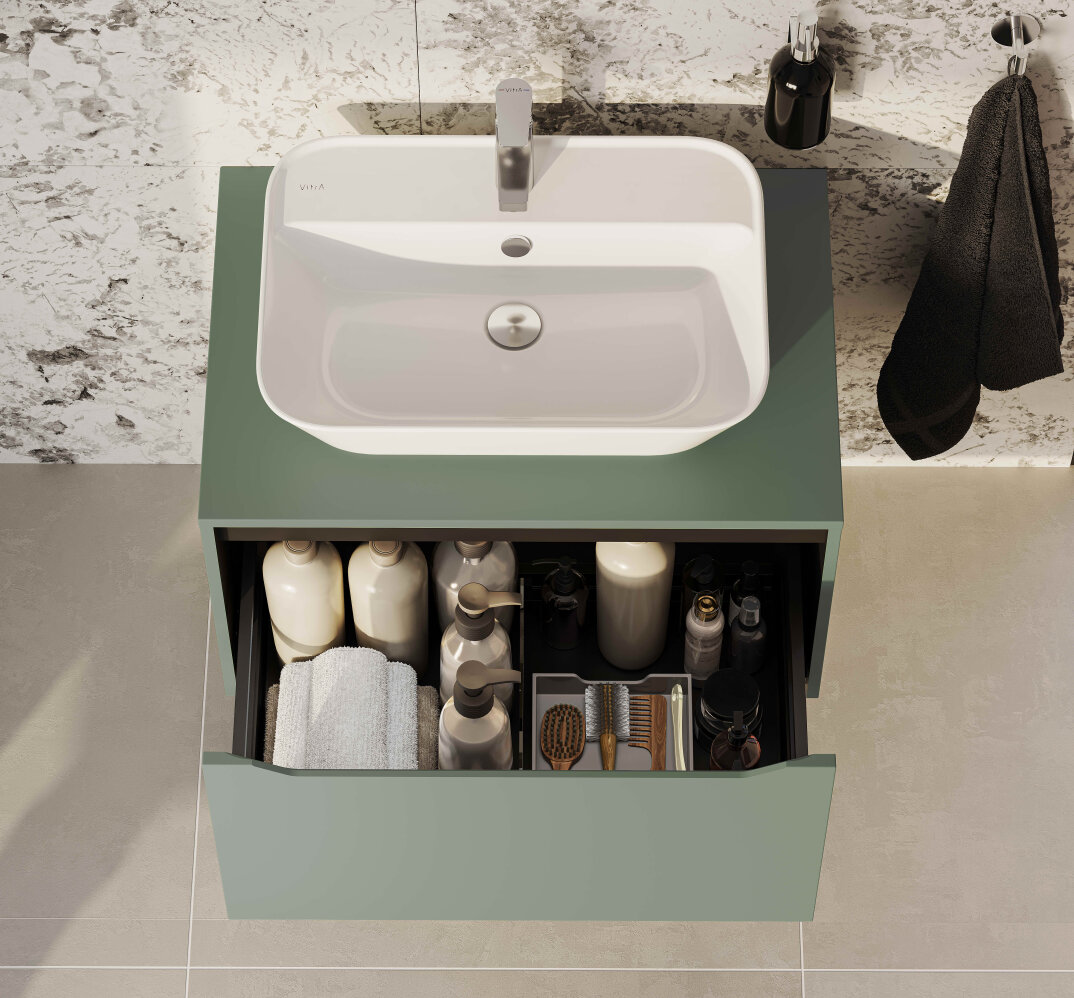 VitrA Integra Square Tek Çekmeceli Çanak Lavabo Uyumlu Lavabo Dolabı, Mat Yeşil, 80 cm (Çanak Lavabo Hariç-Armatür Deliksiz), 80278 - 4