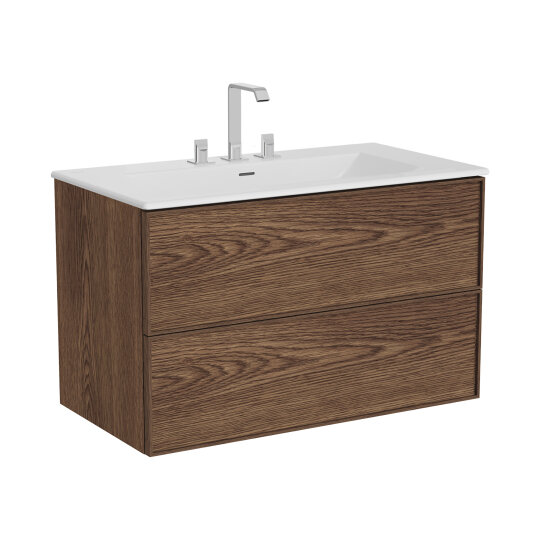 Vitra Metropole Edge Lavabo Dolabı, Çift Çekmeceli, Etajerli 3 Armatür Delikli Lavabolu, 100 Cm, Ceviz 67458 - 3