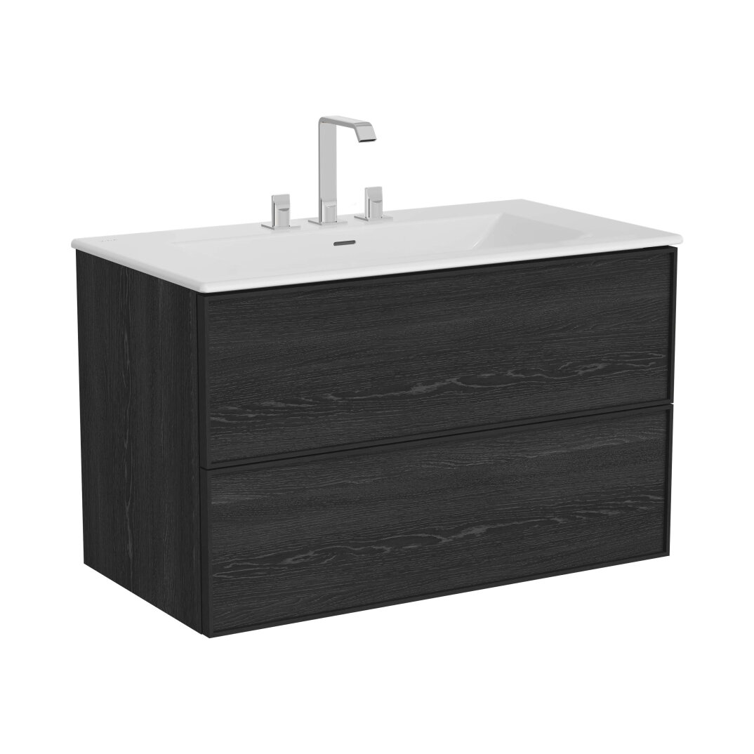 VitrA Metropole Edge Lavabo Dolabı, Çift Çekmeceli, Etajerli 3 Armatür Delikli Lavabolu, 100 cm, Siyah Meşe,67459 - 1